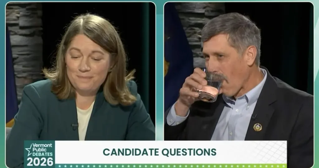 The image shows two individuals participating in a Vermont Public Debates 2026 event, with one person drinking from a glass and the other appearing to be listening or speaking.