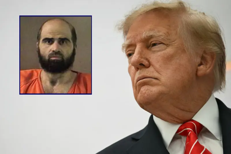 The image juxtaposes a mugshot of a man in an orange jumpsuit with a formal photograph of a man in a suit and tie.