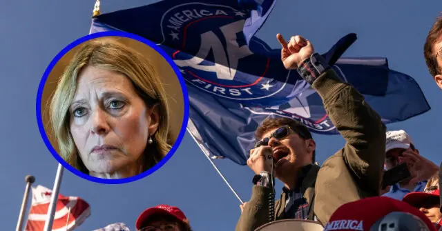 The image shows a rally with attendees waving "America First" flags, while a close-up inset highlights a person in the crowd.