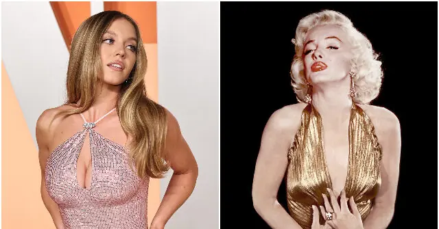 The image juxtaposes two women in glamorous attire, one in a modern setting and the other in a classic, vintage style.