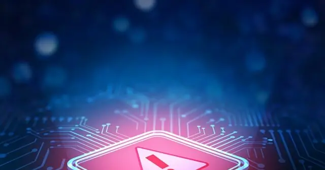 The image depicts a futuristic circuit board with a red warning symbol, set against a blue, bokeh-lit background, suggesting themes of technology and cybersecurity.