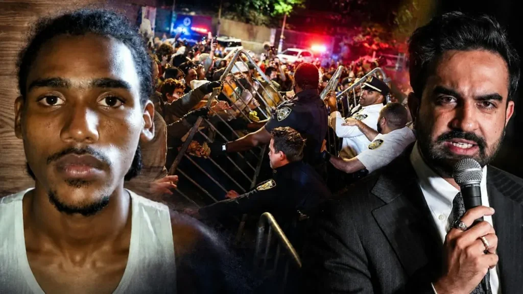The news photo depicts a tense scene with a crowd of people and police officers, suggesting a protest or confrontation.