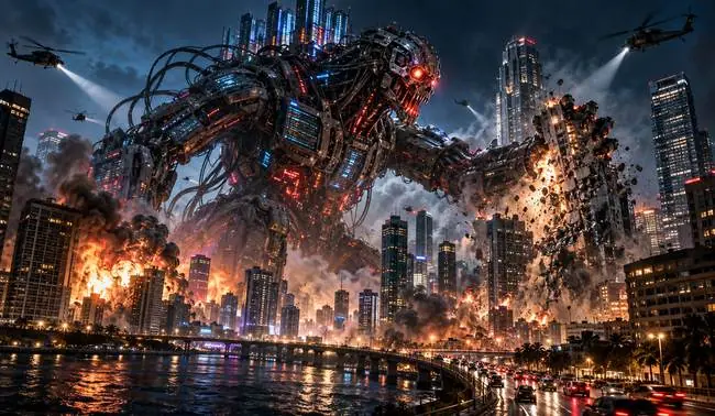 A massive robotic creature attacks a city, causing widespread destruction and chaos.