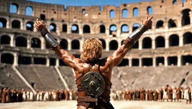 A muscular gladiator stands triumphantly in front of the Colosseum, raising his arms in victory.