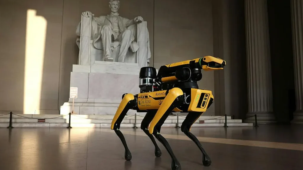 A Boston Dynamics robot dog is seen in front of the Lincoln Memorial in Washington, D.C.