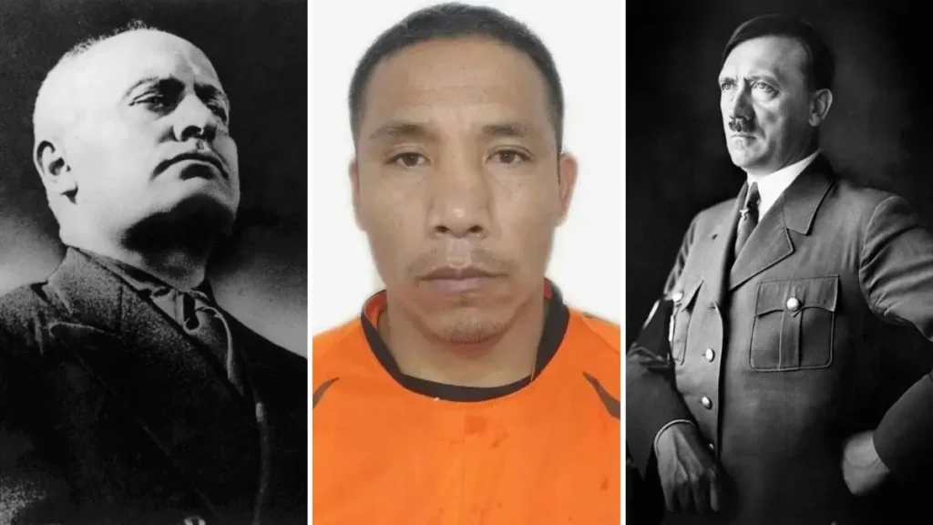 The news photo juxtaposes a mugshot of a man in an orange shirt with two historical black-and-white portraits of political figures.