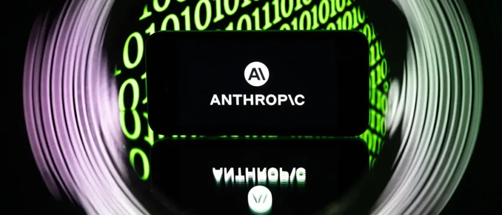 The image showcases the logo of Anthropic, an AI company, with a futuristic design featuring binary code and a reflective surface.