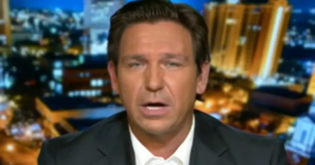 The image shows a news anchor in a studio setting with a cityscape background.