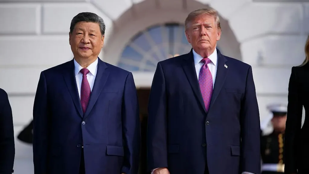 The photo shows two world leaders standing side by side in formal attire, likely during a diplomatic or official visit.